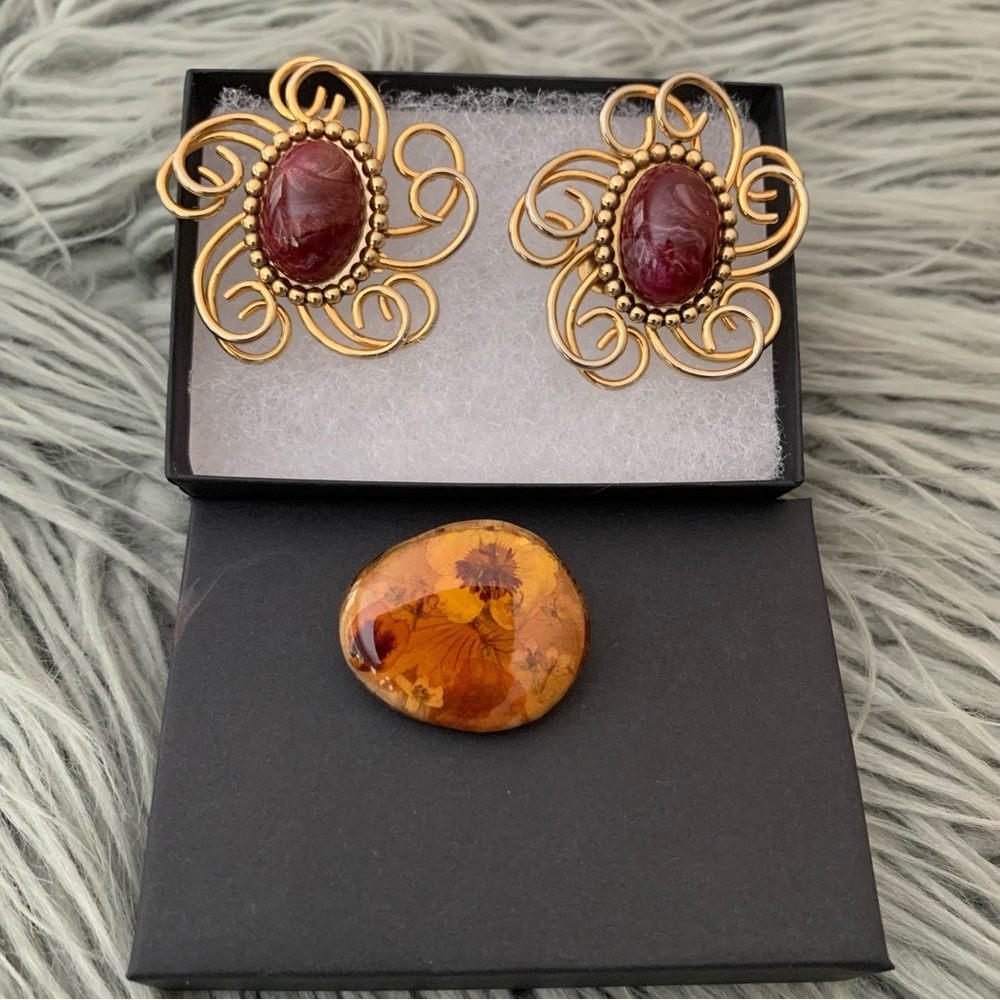Vintage Chameleon Clip in Earrings plus bonus Flower inlay Amber Pin